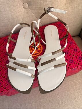 Tory Burch White and Brown Strappy Ankle-Tie Flat Sandals-NEW!
